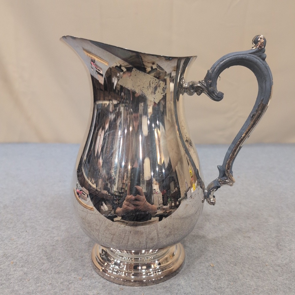 Vintage Silver Plated Water Pitcher Ornate Scroll Handle Pedestal Base Jug - Picture 2 of 6